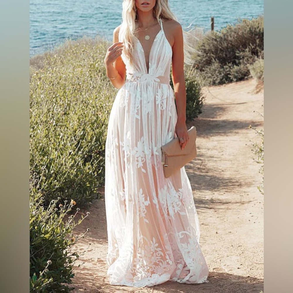 Plunging V-Neck Embroidered Floral Lace Mesh Velvet Maxi Dress